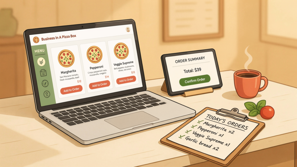 Illustration of a pizza ordering system showing a laptop with a menu for Margherita, Pepperoni, and Veggie Supreme pizzas, a tablet displaying an order summary totaling $39, and a clipboard listing today's orders
