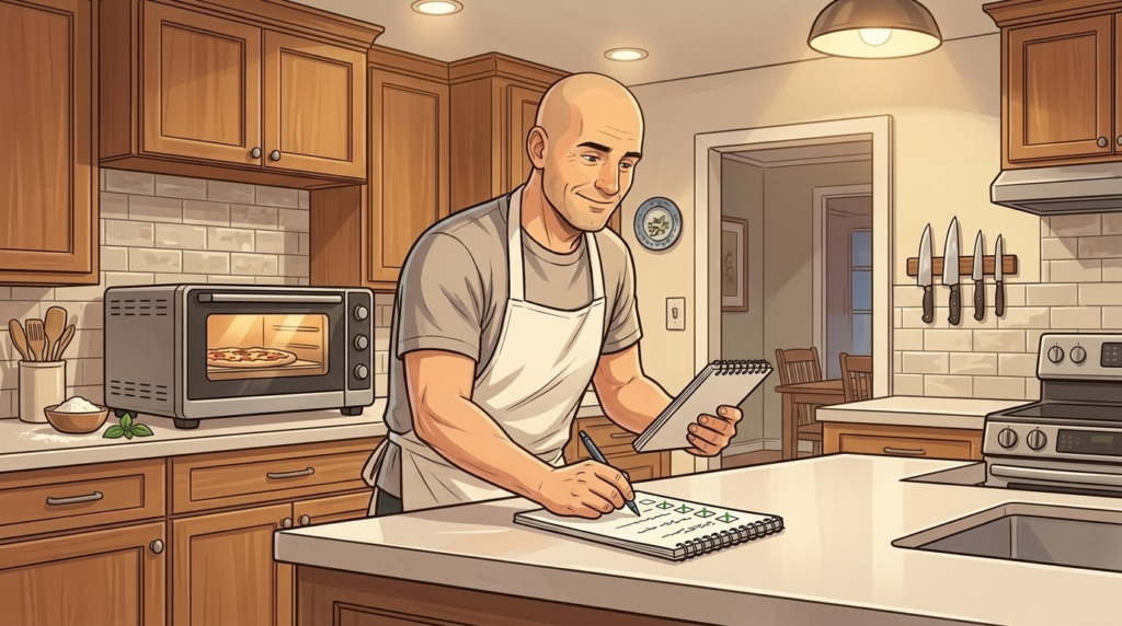 Chef checking home kitchen compliance for pizza business